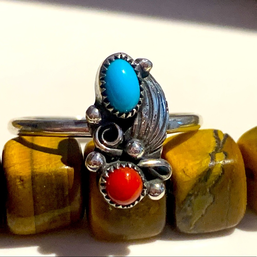 Sterling Turquoise & Coral Native American Style Ring Sz 6